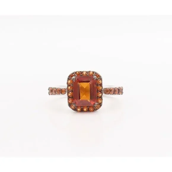 925 Sterling Silver Vintage Ring Rectangle Cut Halo Orange Sapphire Sz 7 RG29263 - Picture 2 of 8